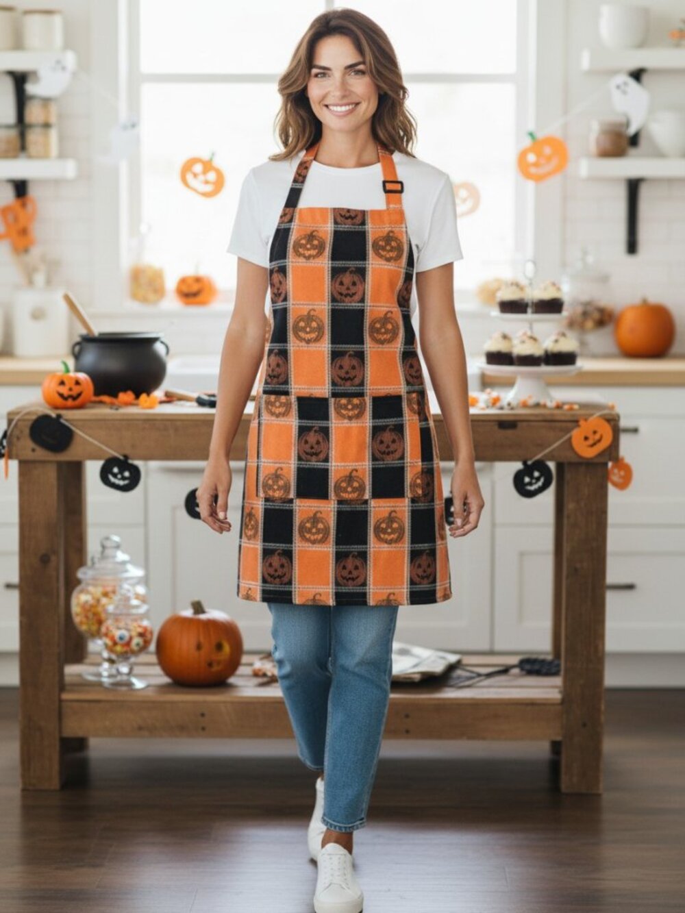 Halloween Pumpkin Jack-O'-Lantern Plaid Apron Orange Black Check